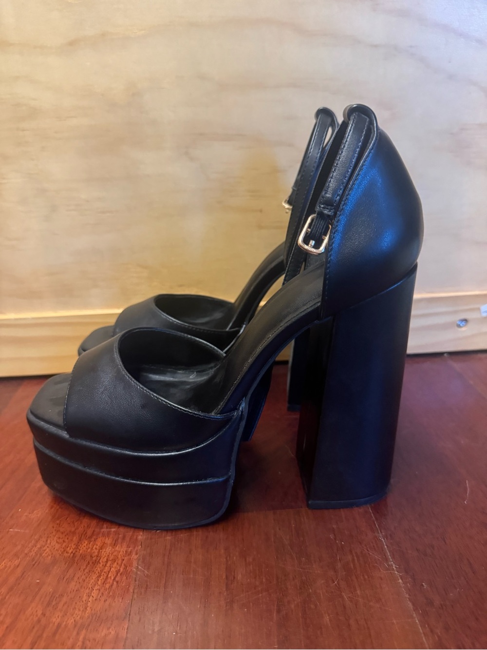 Black Platform Peep-Toe Ankle Strap Block Heels